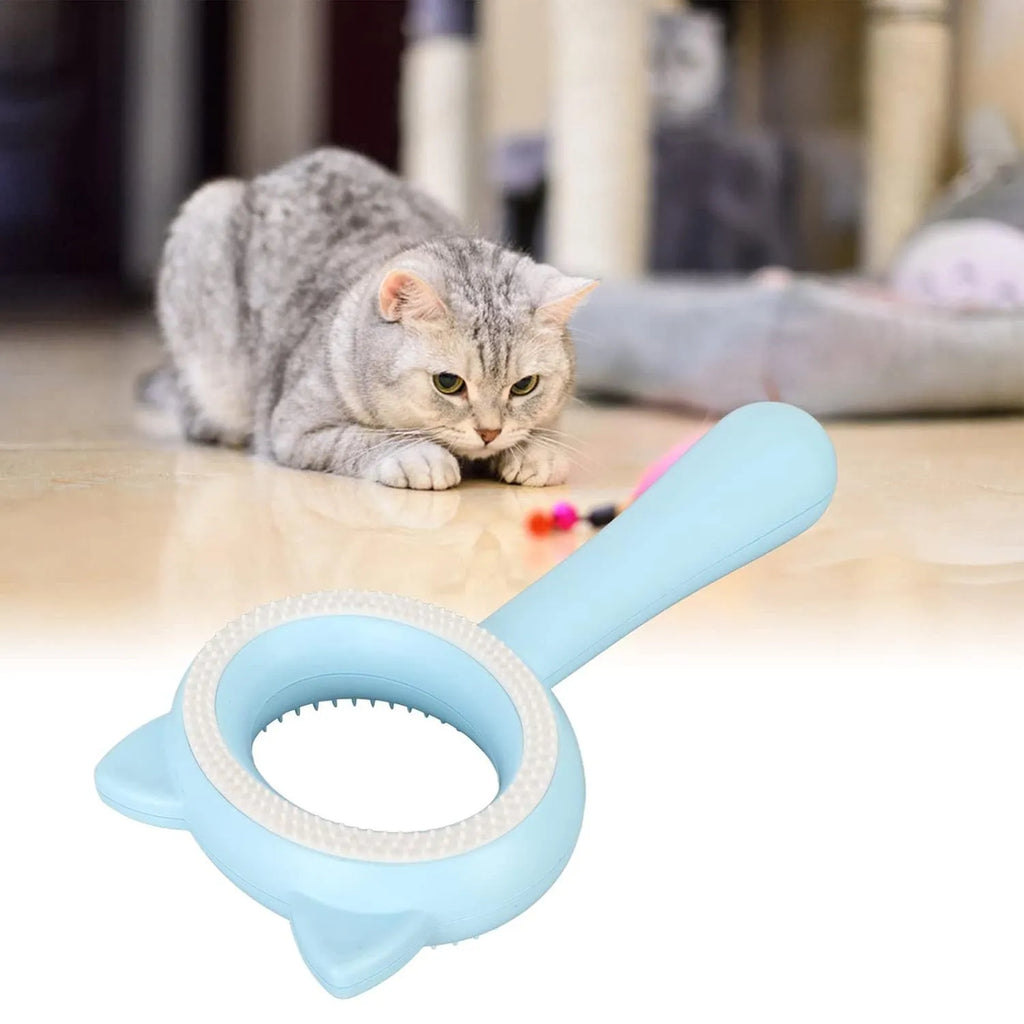 Blue and white double-sided pet grooming brush with ergonomic handle measuring 17x9x3cm