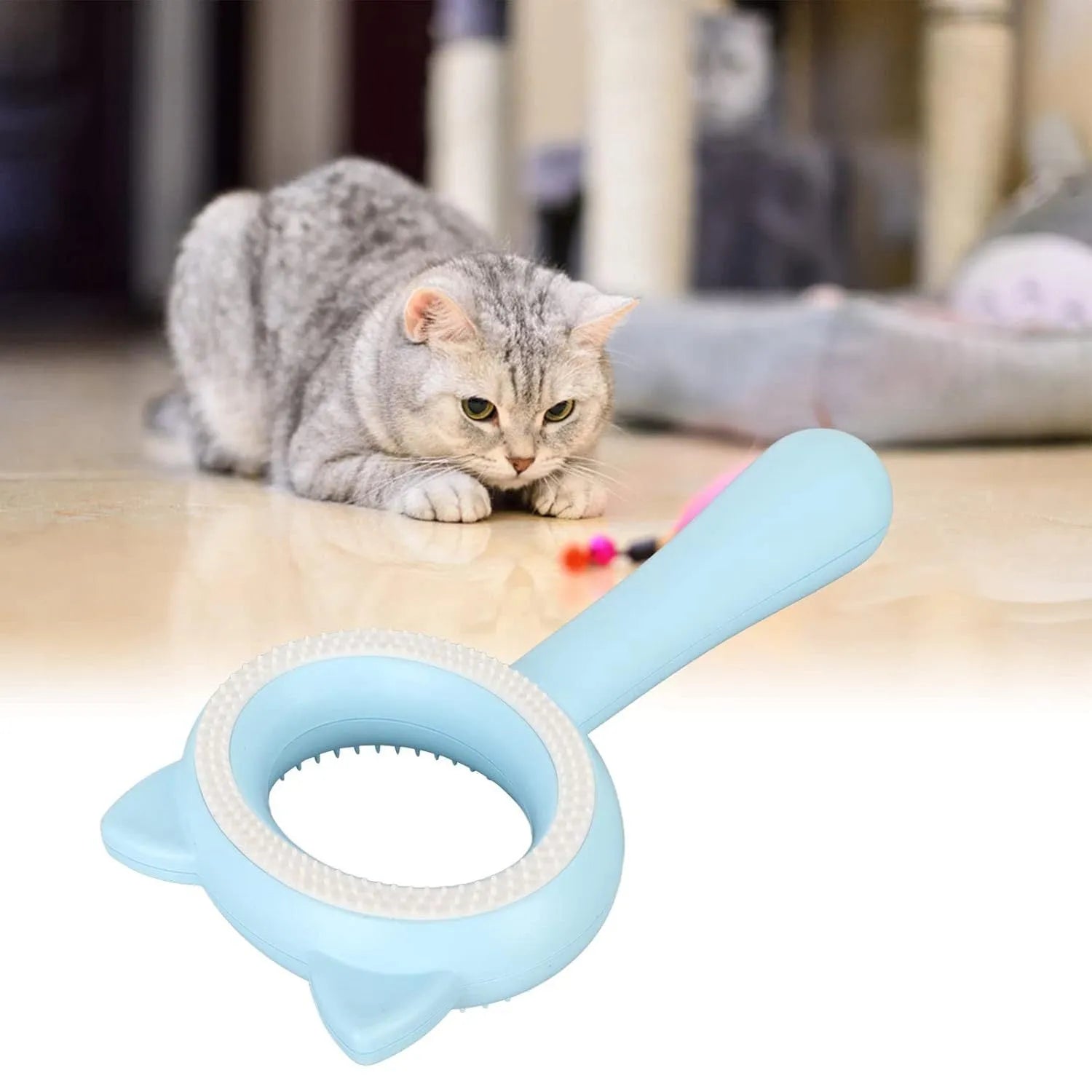 Blue and white double-sided pet grooming brush with ergonomic handle measuring 17x9x3cm