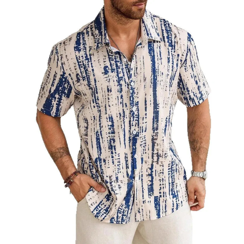 Men's striped short sleeve shirt with 3D digital printing in apricot colour showing anti-wrinkle polyester fabric