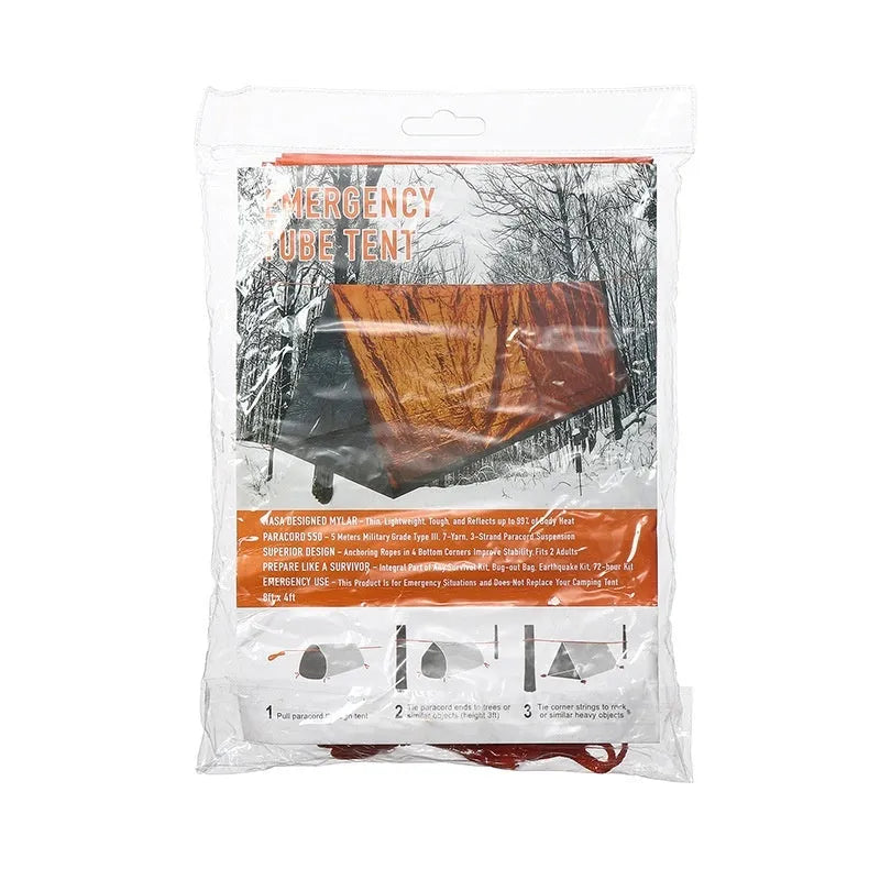 Portable outdoor disaster relief tent in orange or green with emergency blanket and whistle for camping