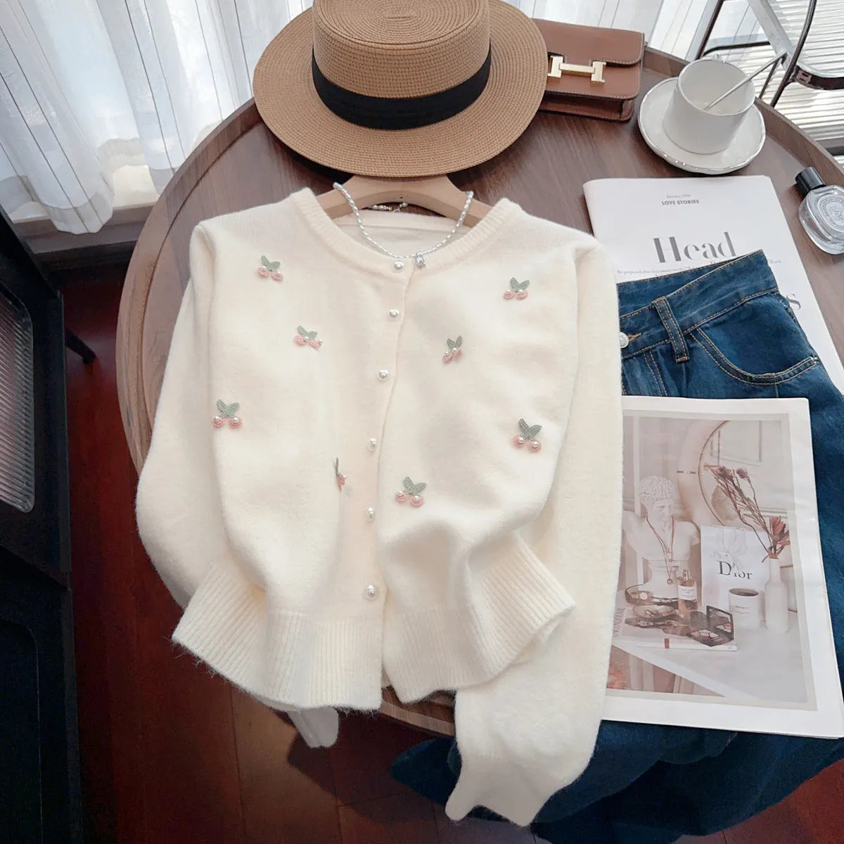 Cashmere blend cardigan with beaded detailing in slim fit silhouette, available in pink, red, white, and blue colours