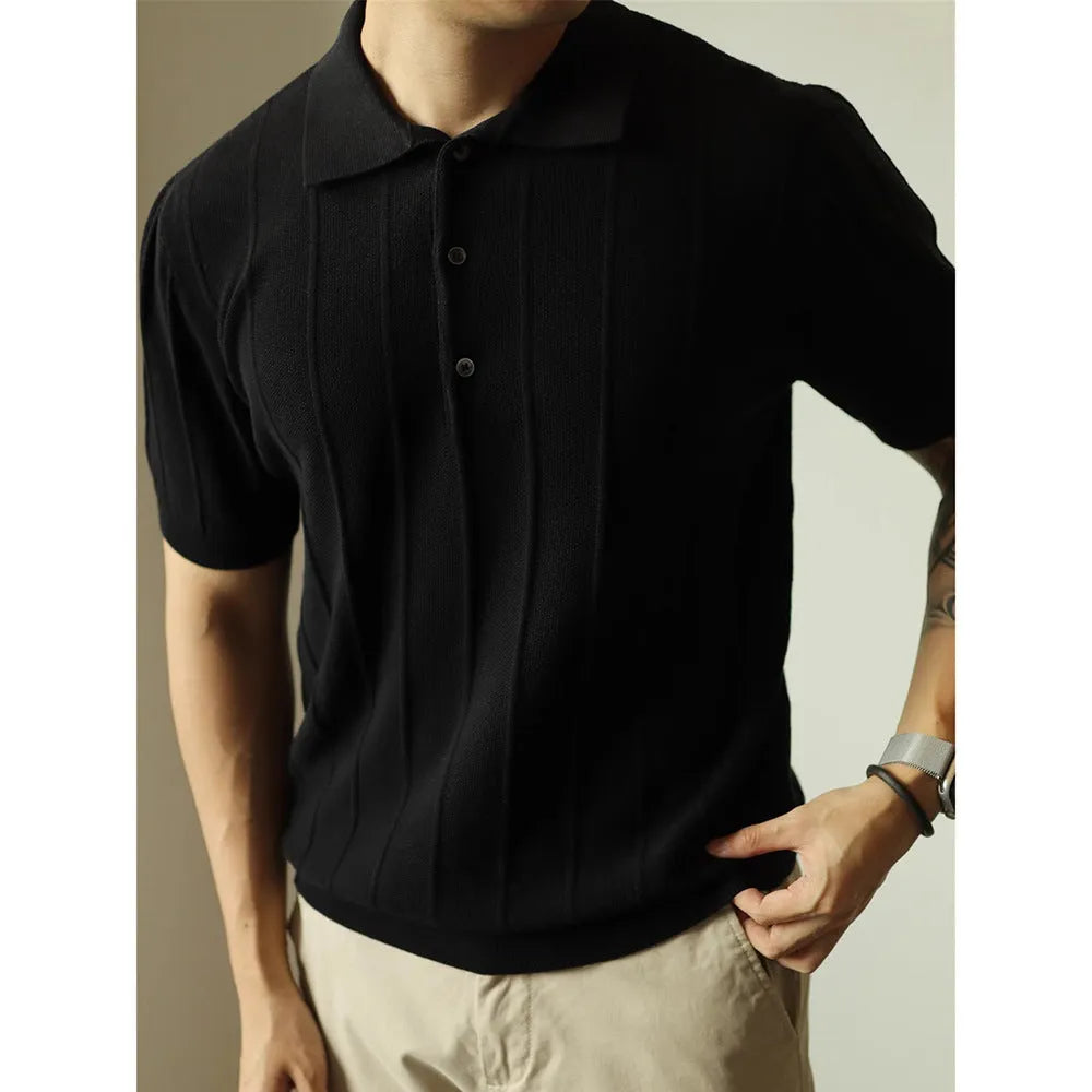 Men's black and white polyester pullover t-shirt, loose-fitting casual top