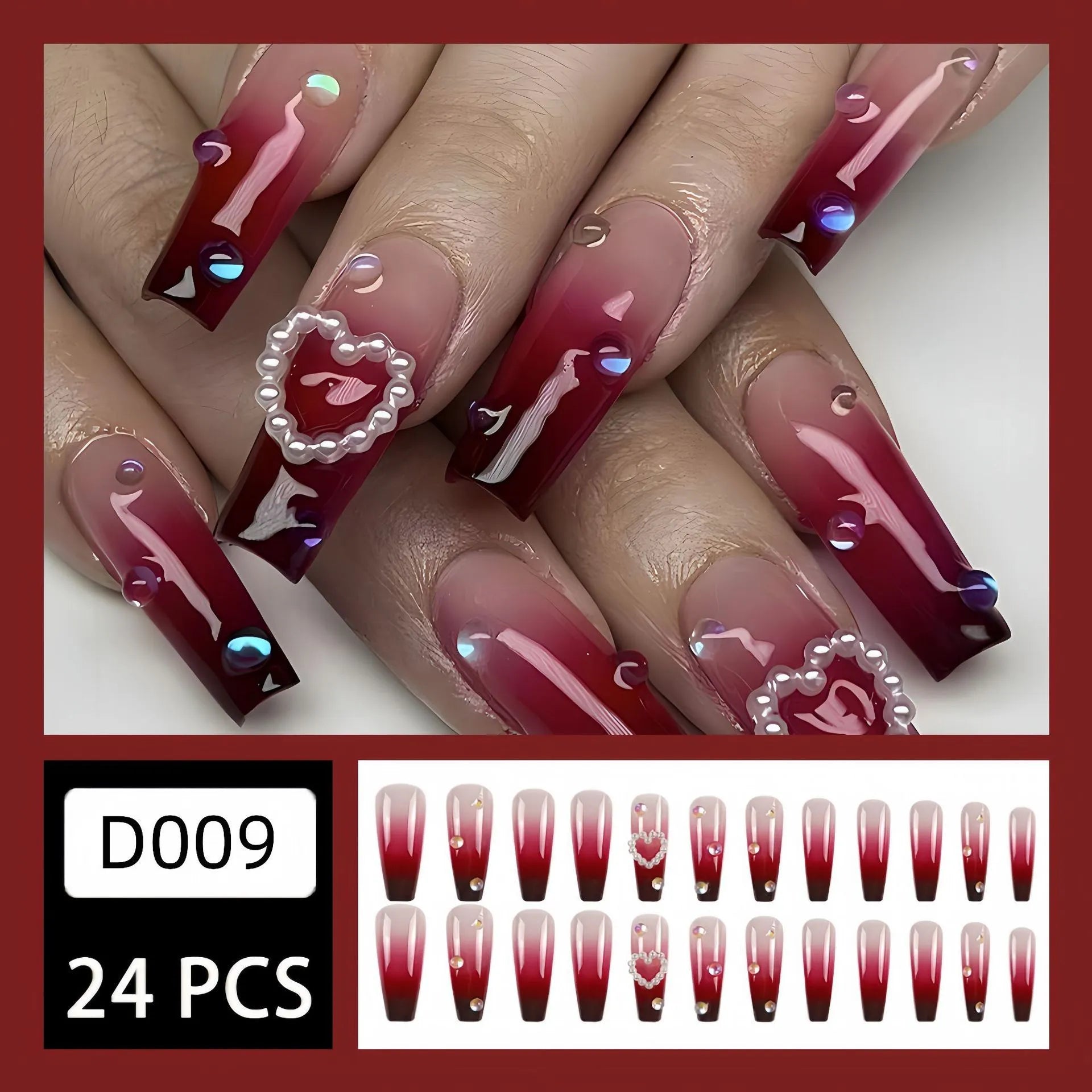 Wine red gradient fake nail tips with plaid heart pattern in long ballet shape