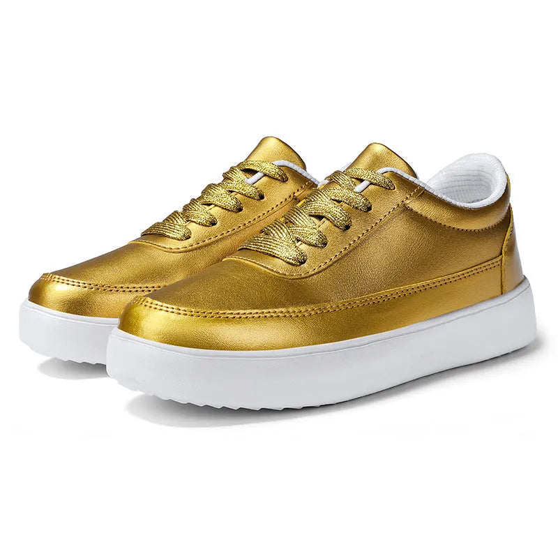 Women's leather flat casual shoes in gold with front lace-up design, suitable for UK sizes 36-44 and all seasons
