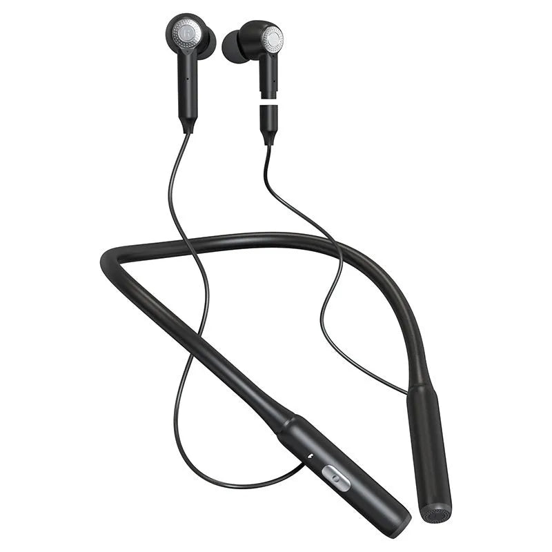 Black plastic in-ear Bluetooth sports headset with halter design, ANC, and 15 metre range