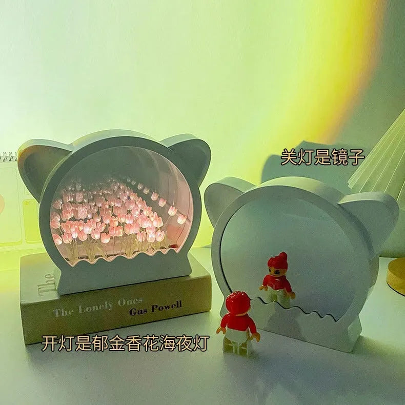 DIY cat head night lamp with colourful handmade tulip flowers, shown in pink, blue, purple, and yellow variants.