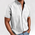 Men's loose fit short sleeve casual shirt in cotton blend polyester, shown in multiple colour options.