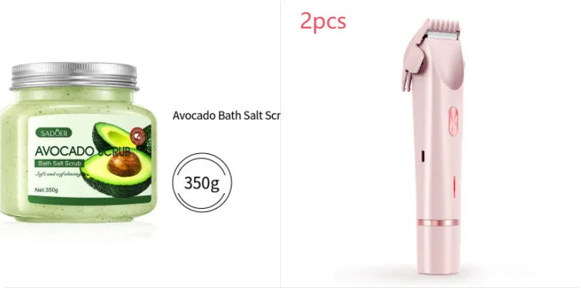 Pink women's electric razor and trimmer with two heads, USB cable, and brush on a white background.