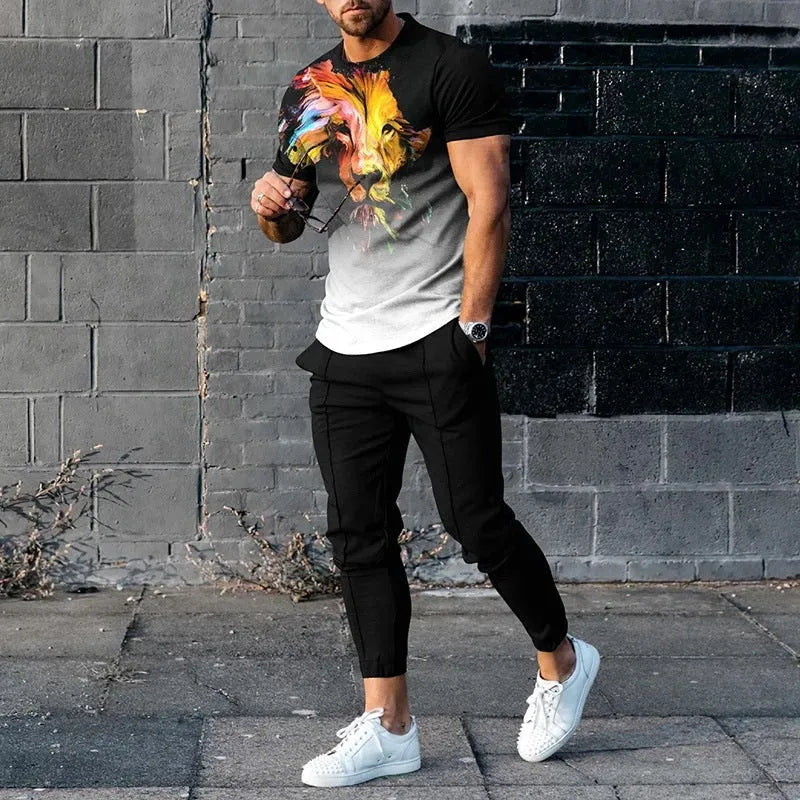 Men's short-sleeved polyester tracksuit set with trousers in various colours, sizes S to 4XL, for sports activities