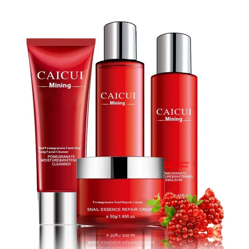 Pomegranate skin care set with 120ml face wash, 150ml toner, 100ml lotion, and 50ml facial cream in red packaging