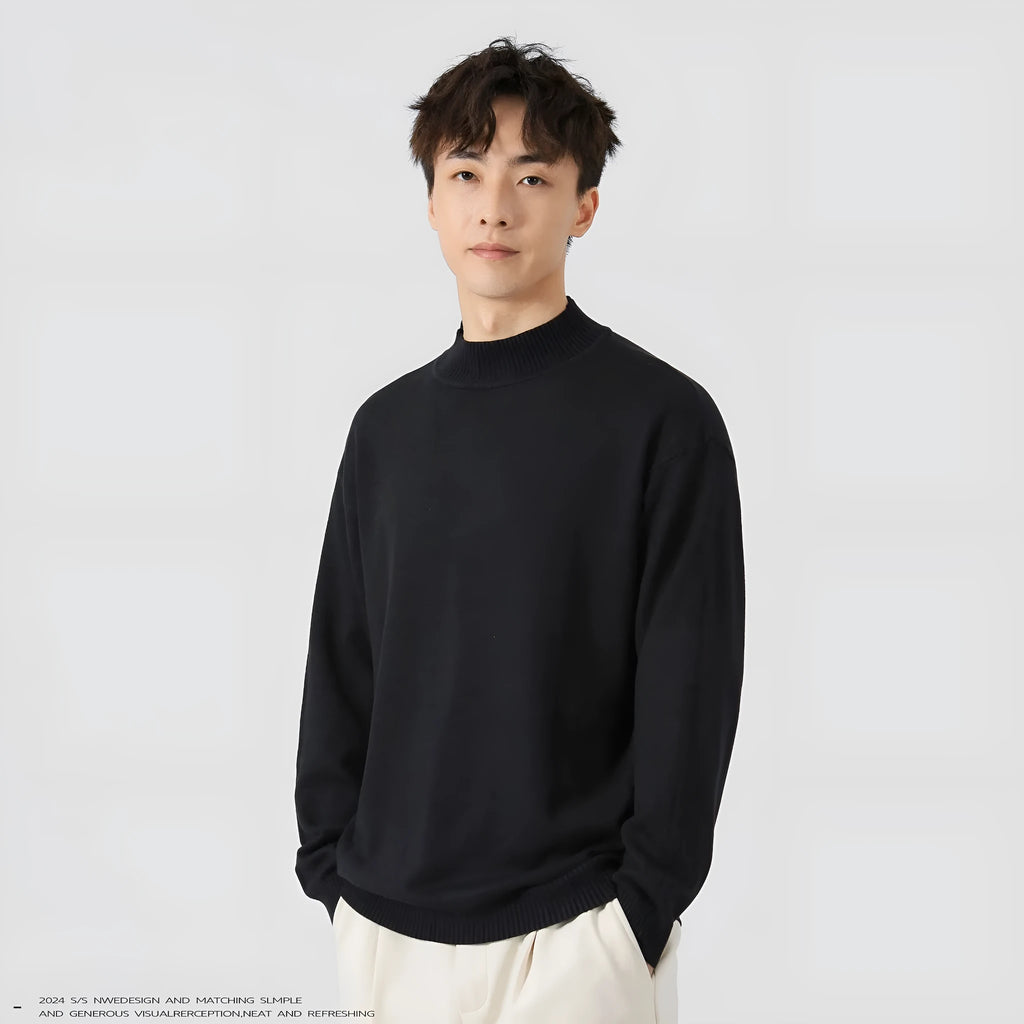 Men's solid colour loose long-sleeved pullover sweater on a hanger, shown in army green.
