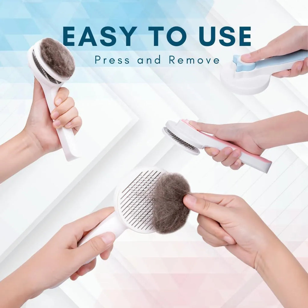 Self-cleaning slicker brush for dogs and cats with stainless steel pins and ergonomic handle