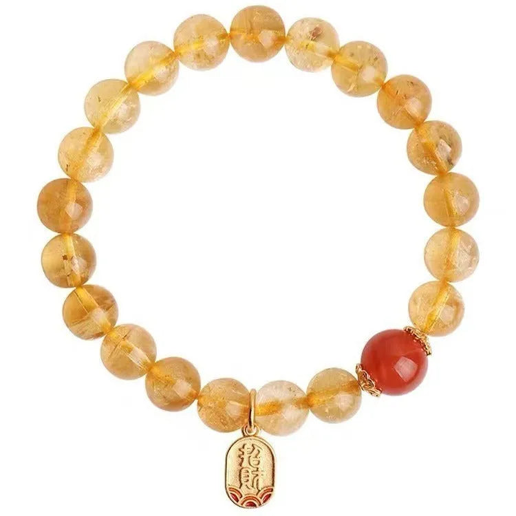 Polished red agate bead bracelet on gold-plated chain, showing bead size options of 6mm, 8mm and 10mm.