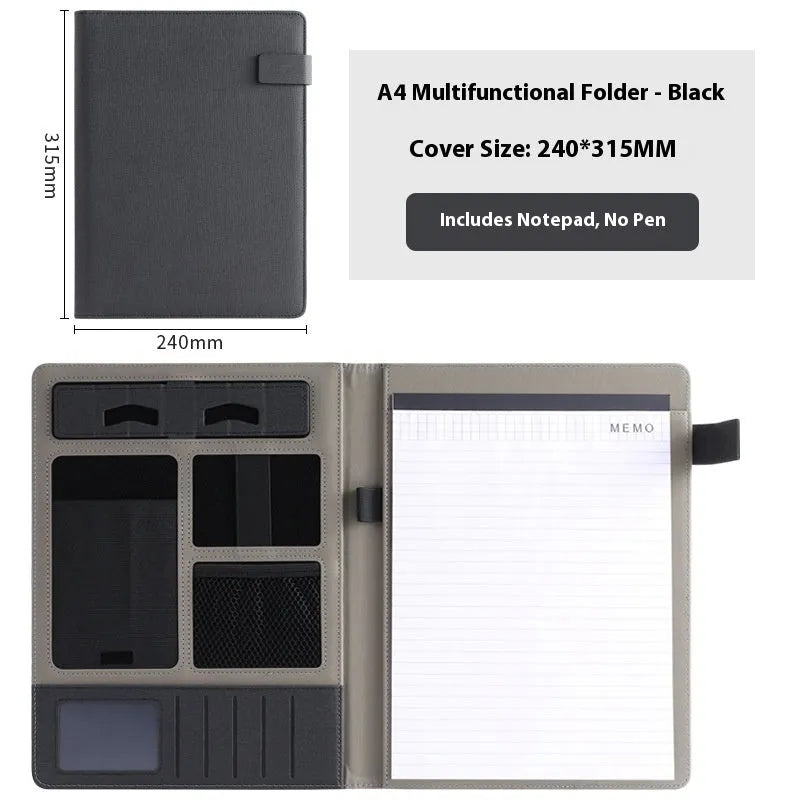 Leather A4 business folder showing 35mm thickness, 325x250mm dimensions with pen and notepad accessories