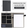 Leather A4 business folder showing 35mm thickness, 325x250mm dimensions with pen and notepad accessories