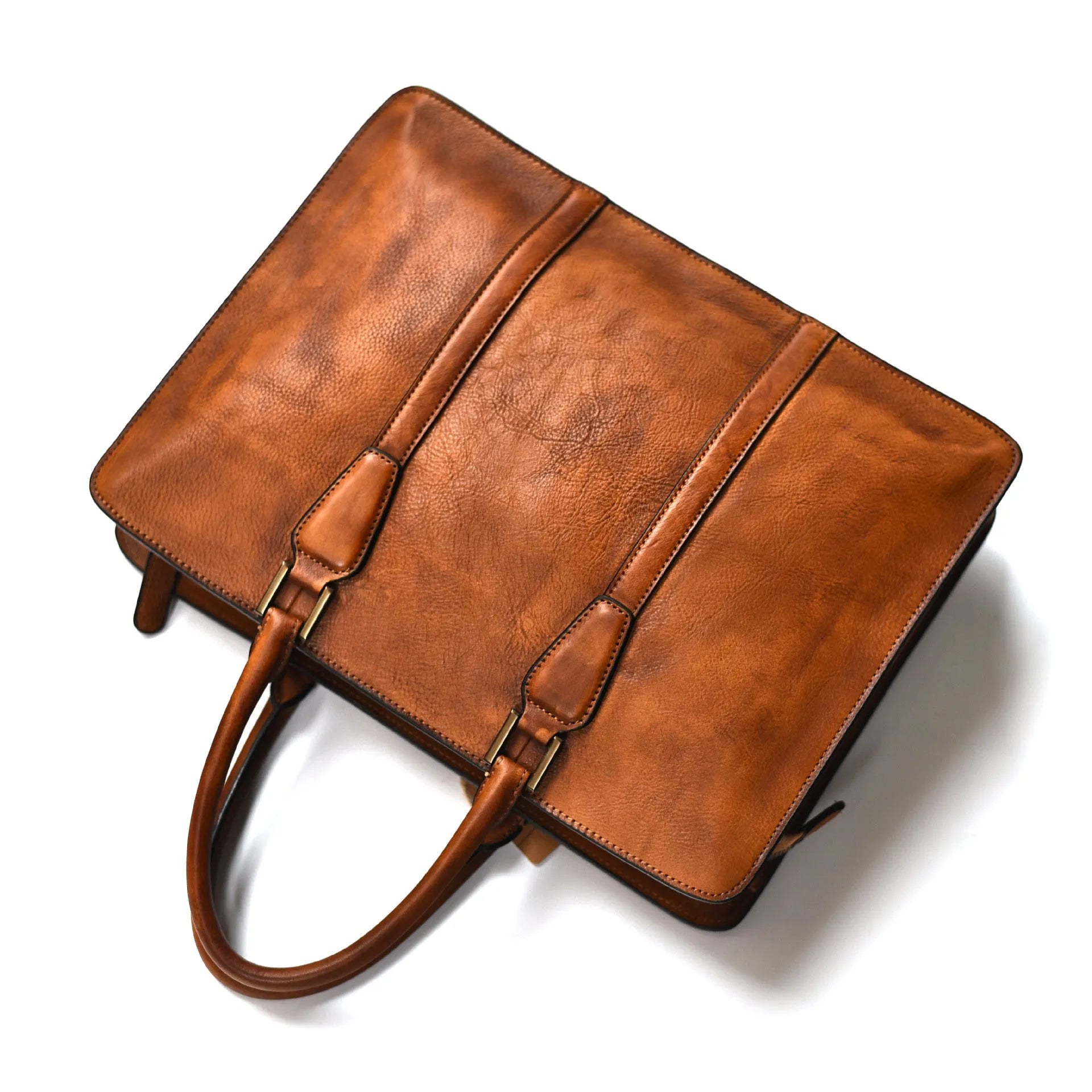 Men's 14-inch horizontal leather handbag with zipper opening in khaki colour, showing vegetable-tanned cowhide texture