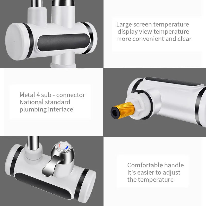 White kitchen electric water heater with digital temperature display, 3000W power, and 10L capacity