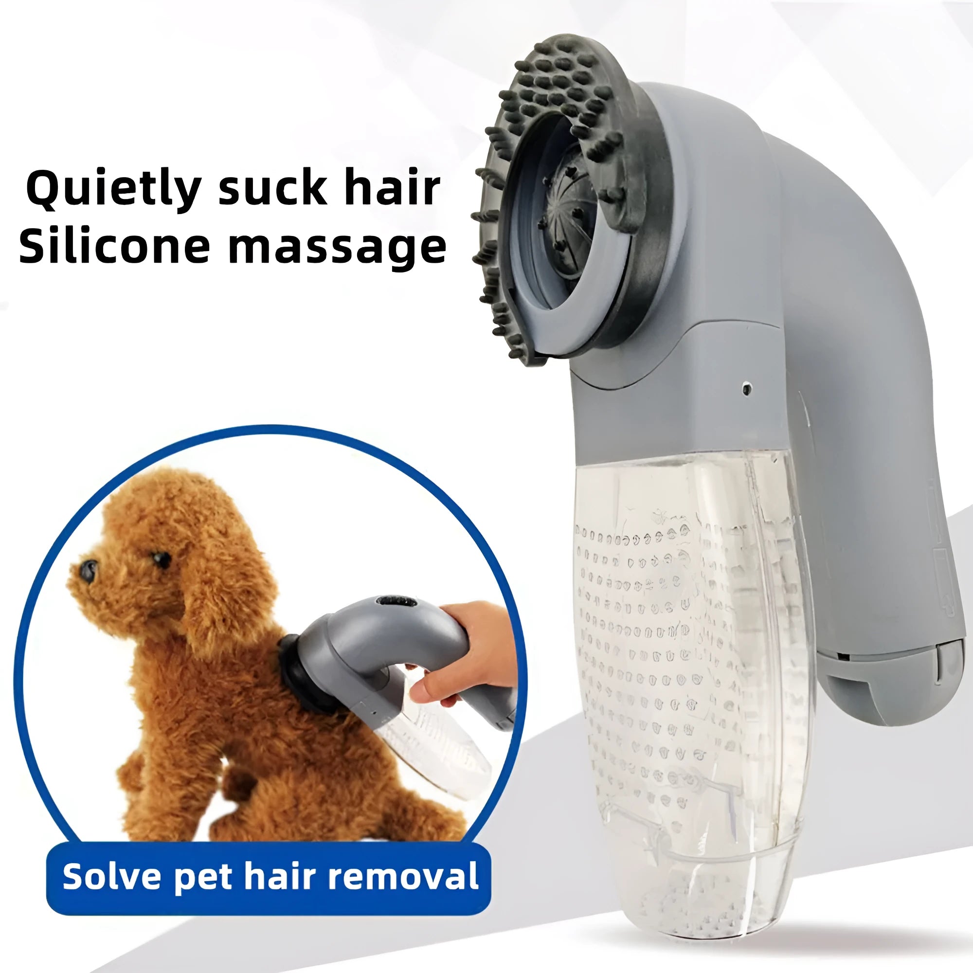 Grey portable pet hair vacuum cleaner and massage brush for dog and cat grooming on sofa