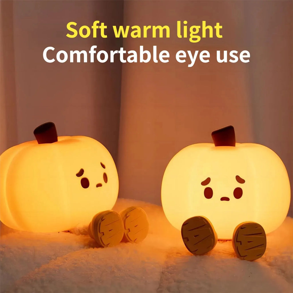Soft silicone pumpkin night light with USB rechargeable battery and touch dimming controls