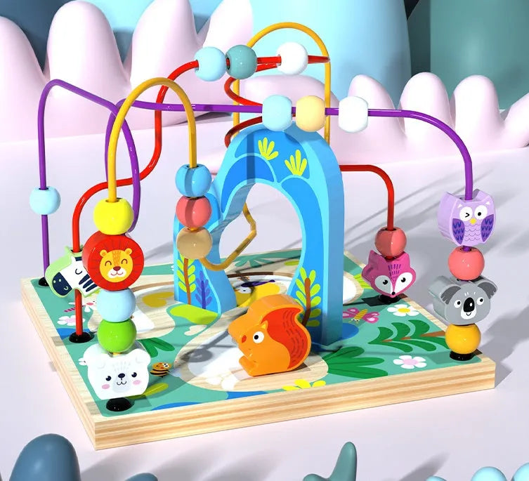 Blue wooden bead treasure box toy with multi-functional scenes for baby and toddler play