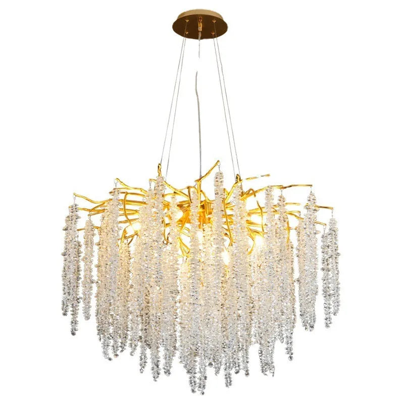 Crystal chandelier with adjustable height, LED light, and aluminium alloy body in round or long styles for large rooms