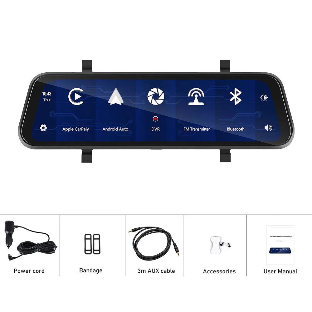9.66-inch touchscreen car dash cam with CarPlay and Android Auto mounted as a rear-view mirror.