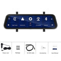9.66-inch touchscreen car dash cam with CarPlay and Android Auto mounted as a rear-view mirror.