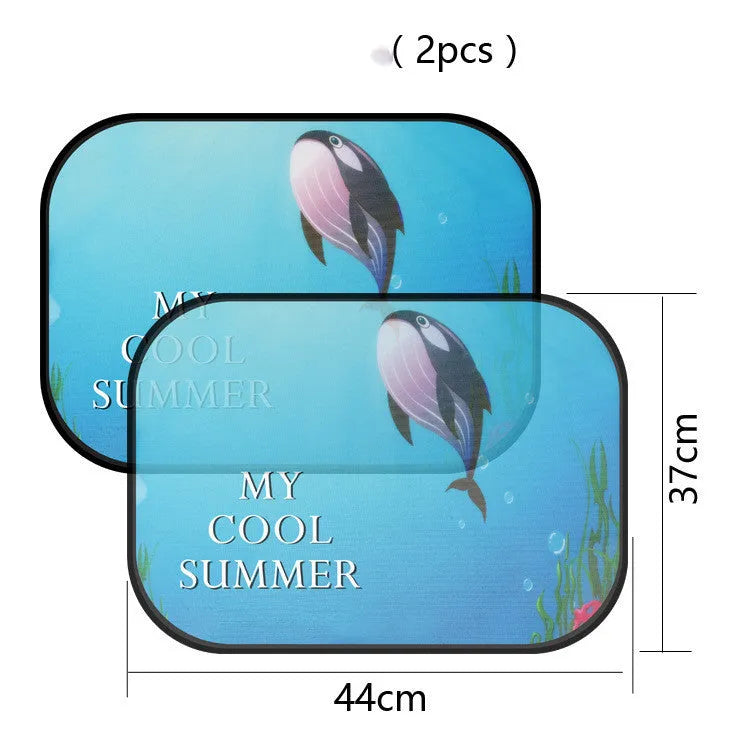 Electrostatic adsorption car sunshade with nylon mesh, shown installed on a vehicle side window to block sun.