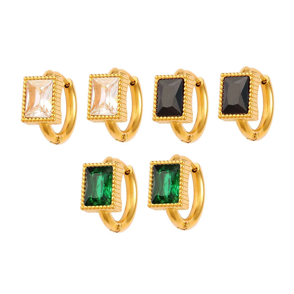 Square geometric stainless steel earrings with round zircon accents in white, black, or green electroplated finish