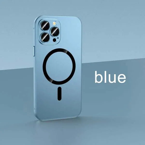 Aluminium alloy phone case with magnetic snap closure and lens protection for iPhone, shown in dark purple with nickel piece