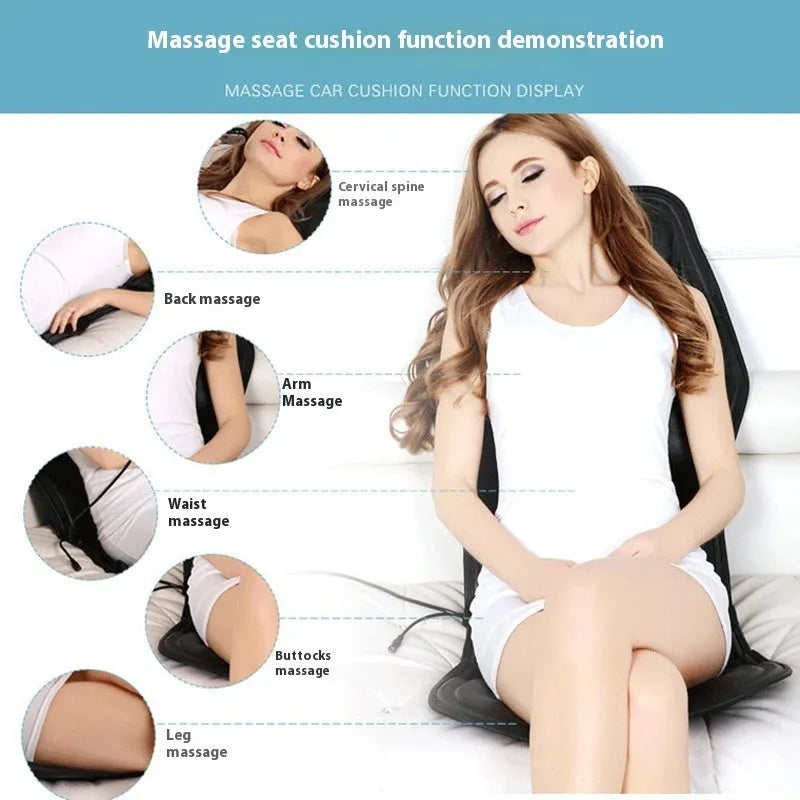 Black heating massage mat with infrared physiotherapy function and continuously variable speed control on seat cushion