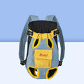 Blue and yellow adjustable pet sling carrier bag with mesh panels, worn on chest with a small dog inside.