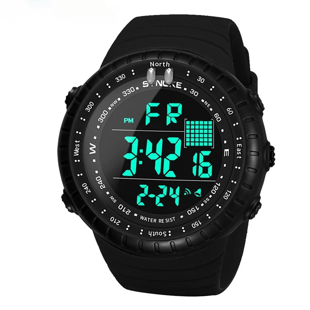 Black waterproof multifunctional outdoor electronic watch for men with large 54.74mm dial and PU strap