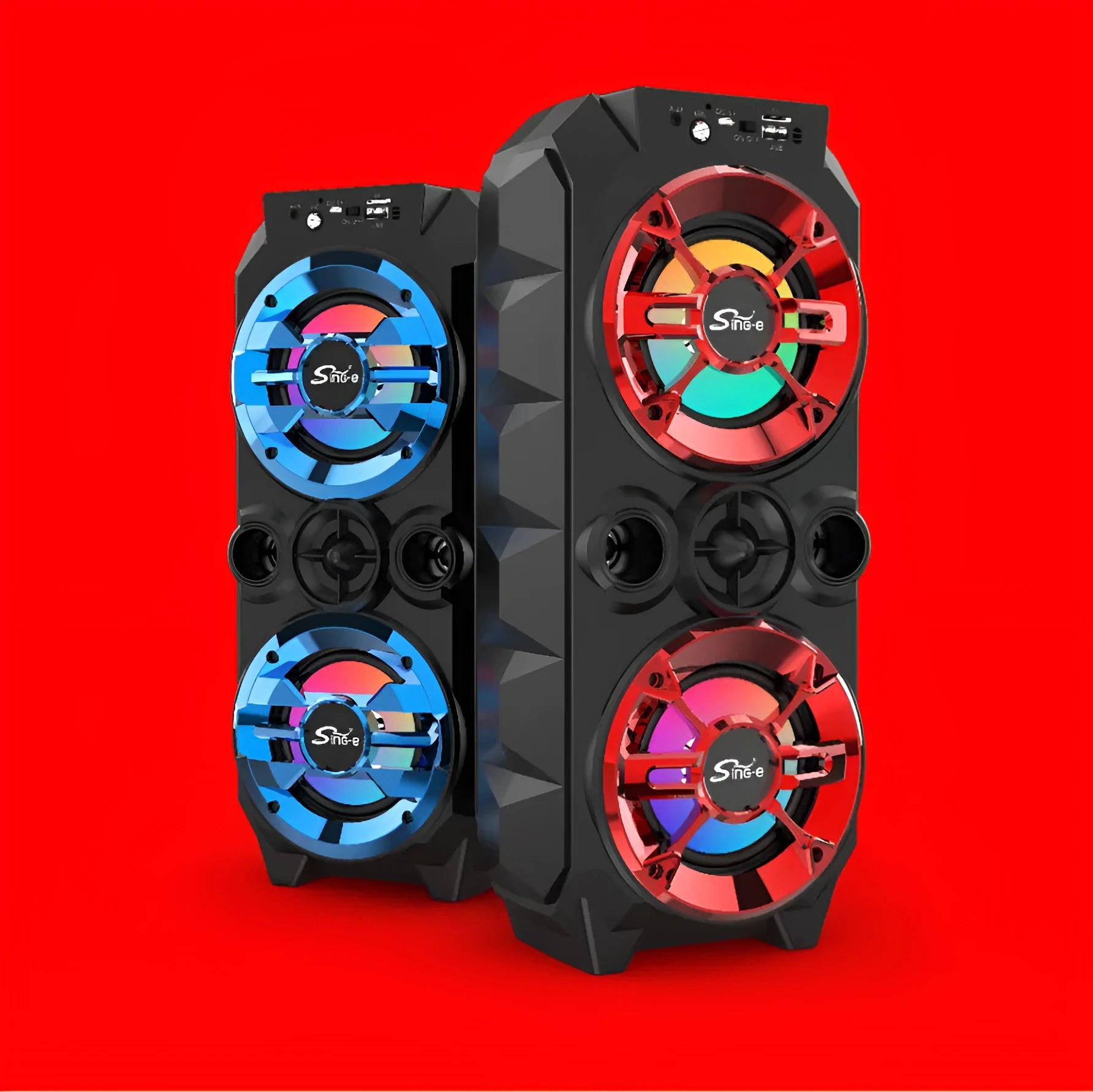 Portable Bluetooth speaker with colour lights and extendable pull rod in blue, red, or silver grey