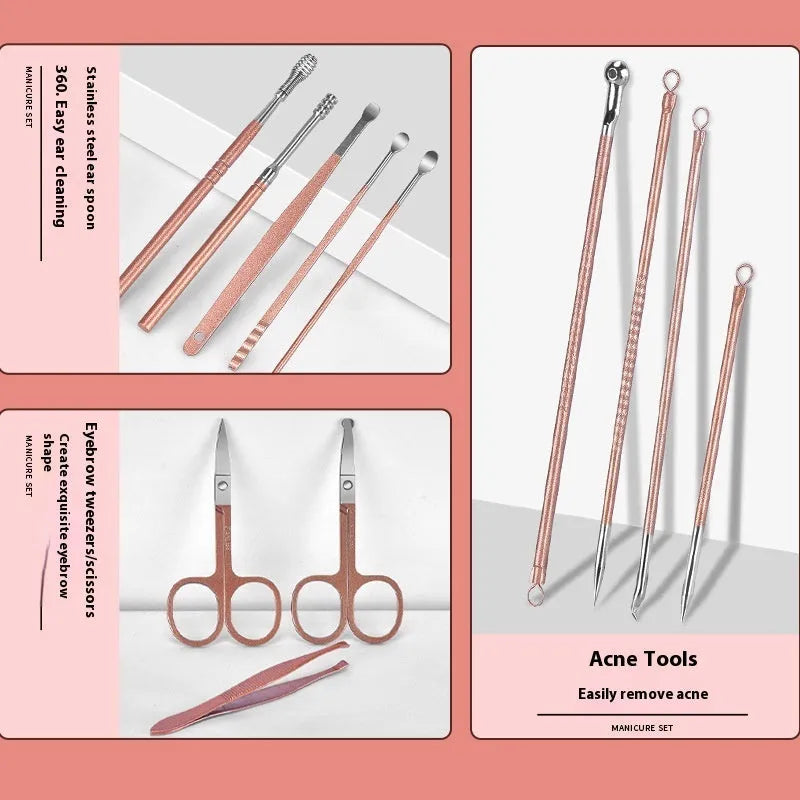 30-piece stainless steel nail beauty tool set showing clippers, files and buffers in pink, blue, rose gold, black, or green.