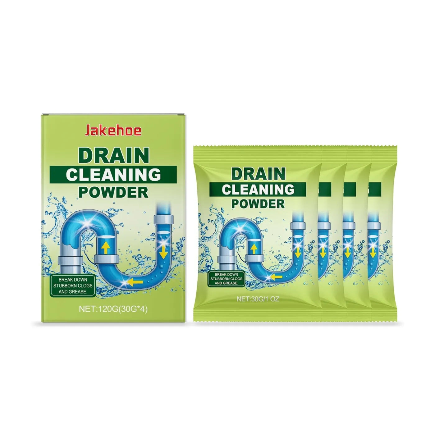 120g container of drain cleaning powder with sodium hydroxide formula for unblocking sinks and pipes