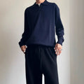 Old Money style pure wool polo sweater with lapel collar in milky white, loose fit long sleeves