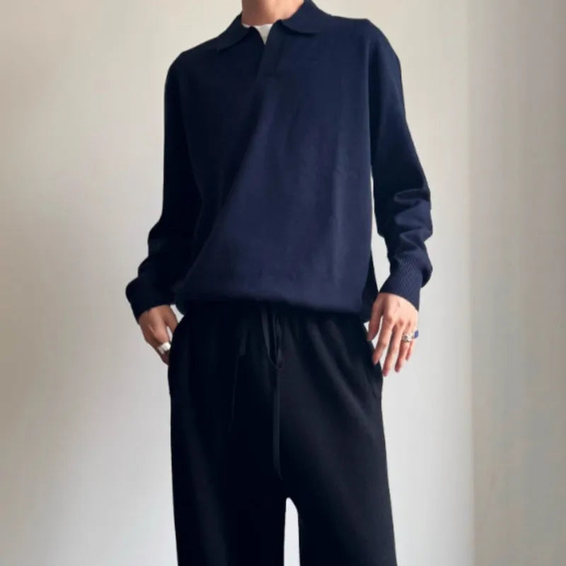 Old Money style pure wool polo sweater with lapel collar in milky white, loose fit long sleeves