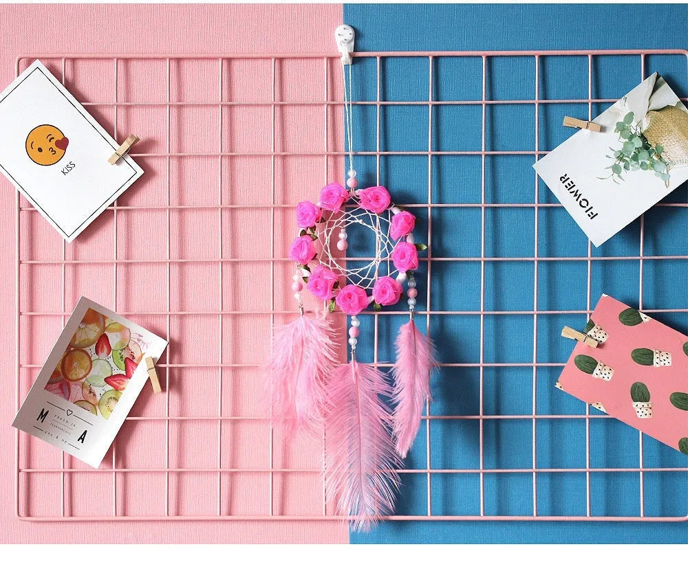 Pink ostrich feather dreamcatcher wind chimes wall decoration measuring 10cm