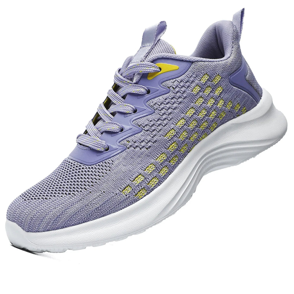 Women's lavender purple Flyknit running shoes with stripe pattern and mesh lining.