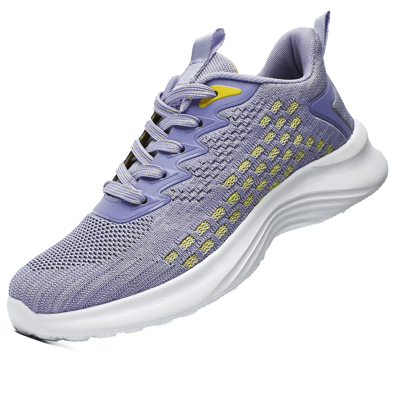 Women's lavender purple Flyknit running shoes with stripe pattern and mesh lining.