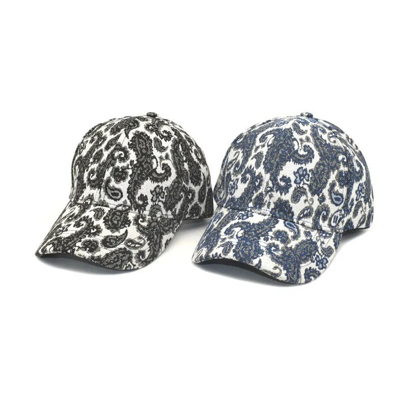 Polyester baseball cap with paisley pattern print in blue colour showing dome crown style