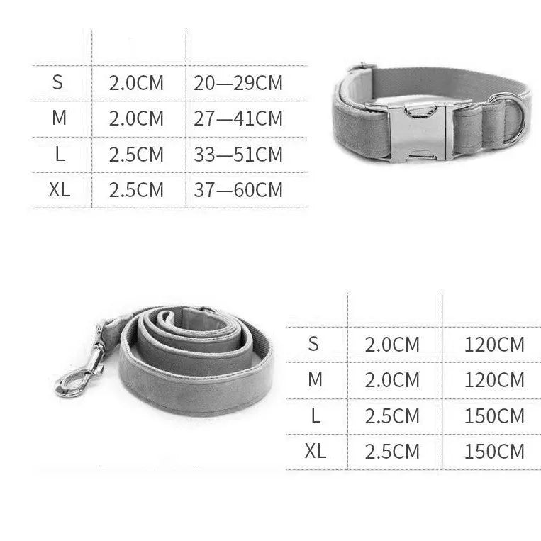Silver grey polyester dog collar with fleece lining and alloy carabiner leash, sizes S to XL