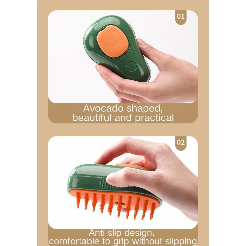 Green and white cat steam brush with water spray function, measuring 11cm by 7.5cm by 5.5cm