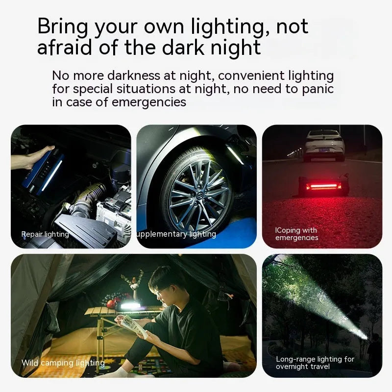 TS01L portable electric car tyre inflator with LED light and extended air hose on a grey background.