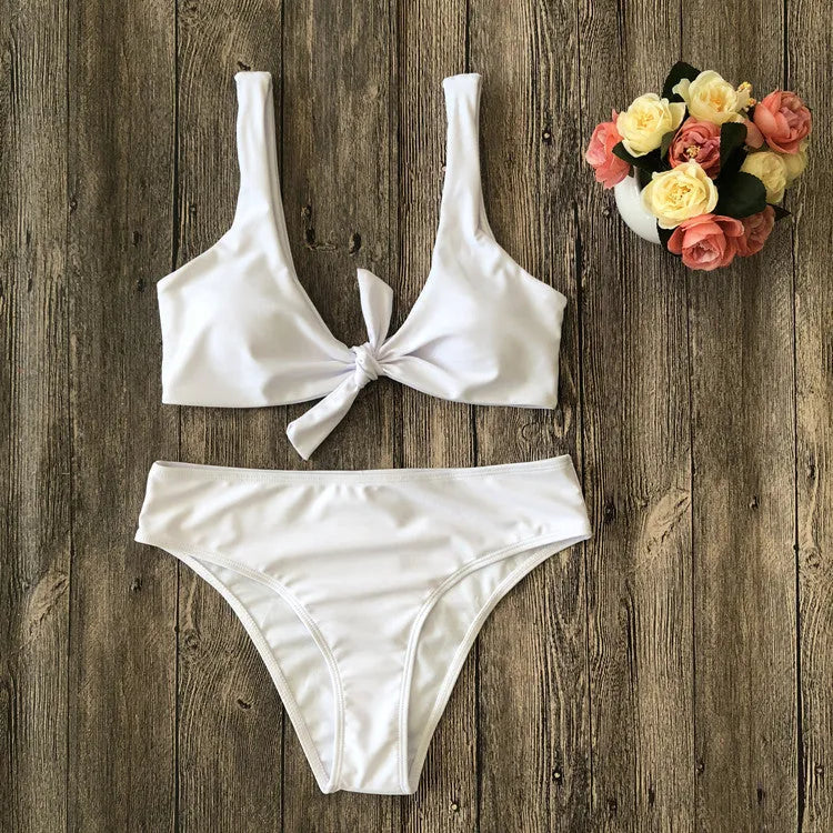 European and American bikini set in pure colours, showing tight fit and sleeveless design with bra and panties