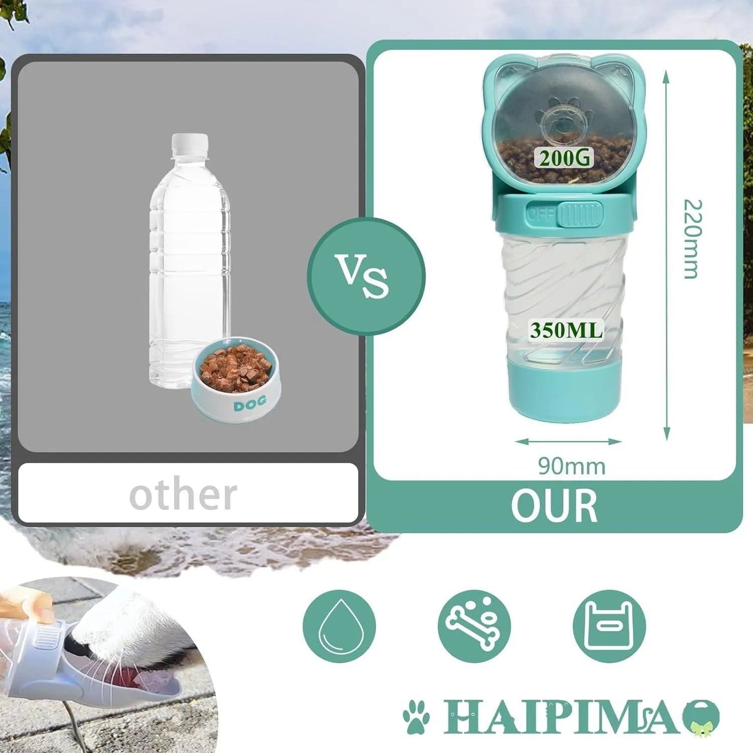 Green 3-in-1 portable pet water bottle showing water dispenser, food container, and waste bag compartment