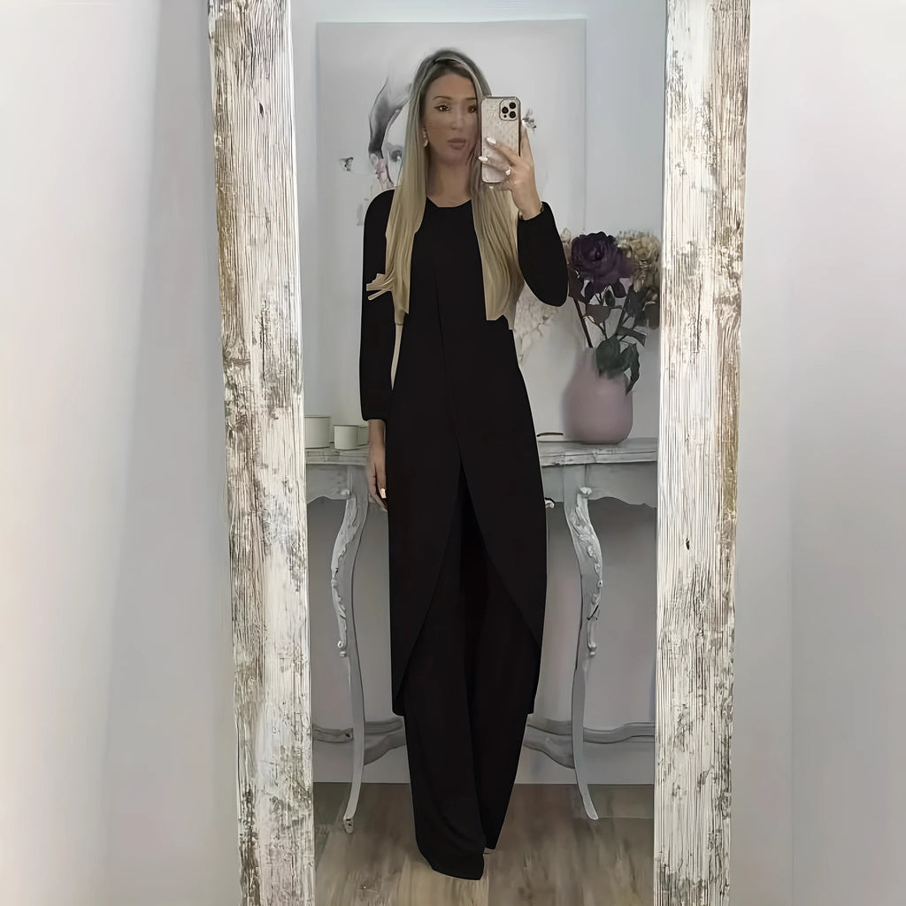 Casual polyester two-piece set with long sleeve top and trousers in khaki
