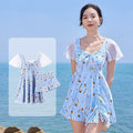Women's one-piece swimsuit with floral pattern in sea salt blue colour for swimming
