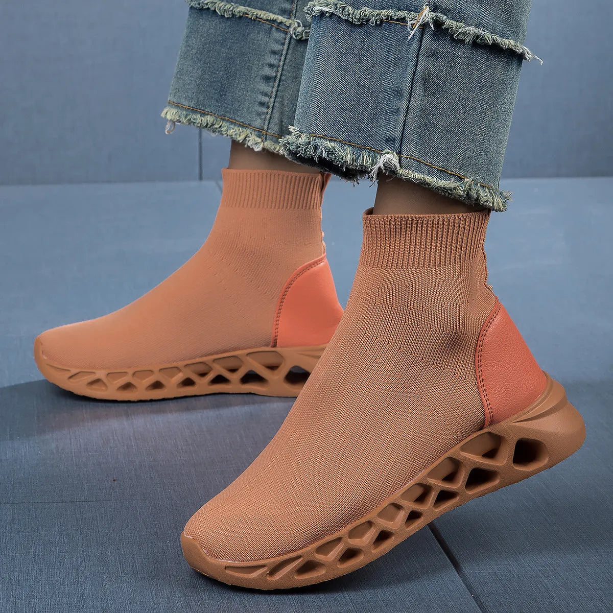 Women's casual sock boot shoes with mesh upper and flat sole in Terracotta Warriors colour